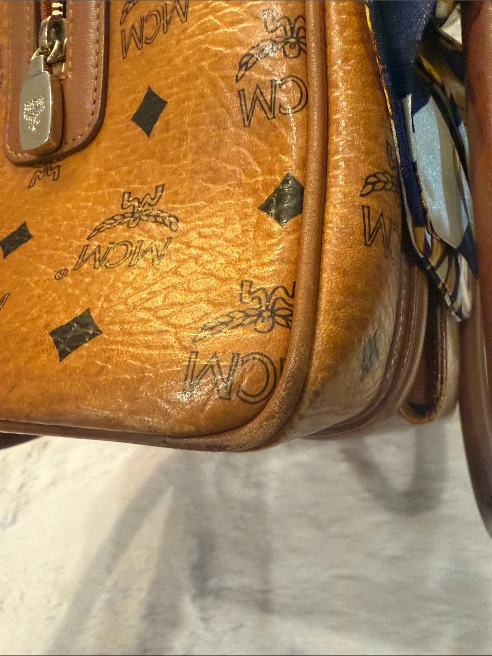 MCM Cognac Monogram Visetos Satchel with Gold Charms